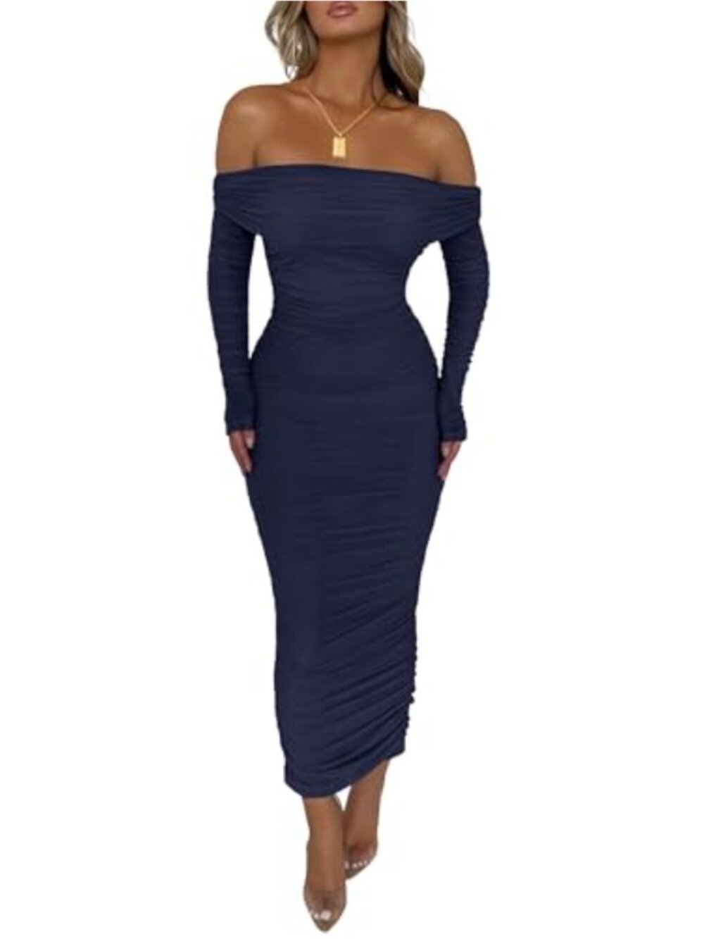 Off the Shoulder Bodycon Maxi Dress Long Sleeve Ruched Party